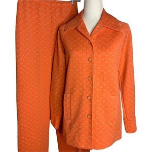 Vintage 70s Catalina Double Knit Leisure Pant Suit M Orange Bellbottoms Polyeste
